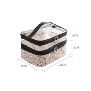 Borsa da viaggio trasparente con doppia zip, dimensioni 23x17x16 cm, design geometrico, ideale per cosmetici e accessori, manico nero.