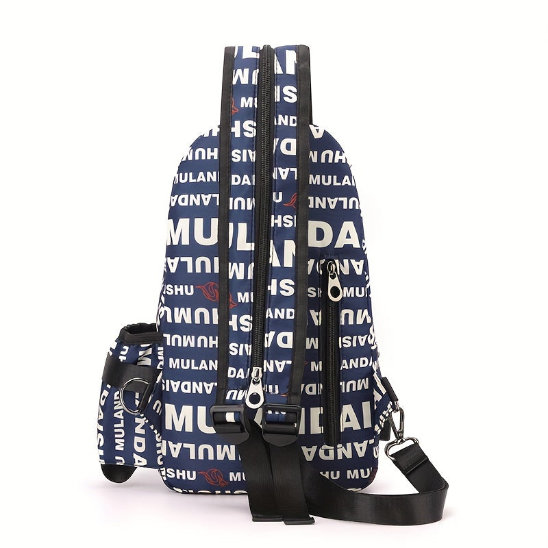 Zaino monospalla blu con scritte bianche "MULANDAN", design moderno, cerniere multiple, ideale per viaggi e uso quotidiano.