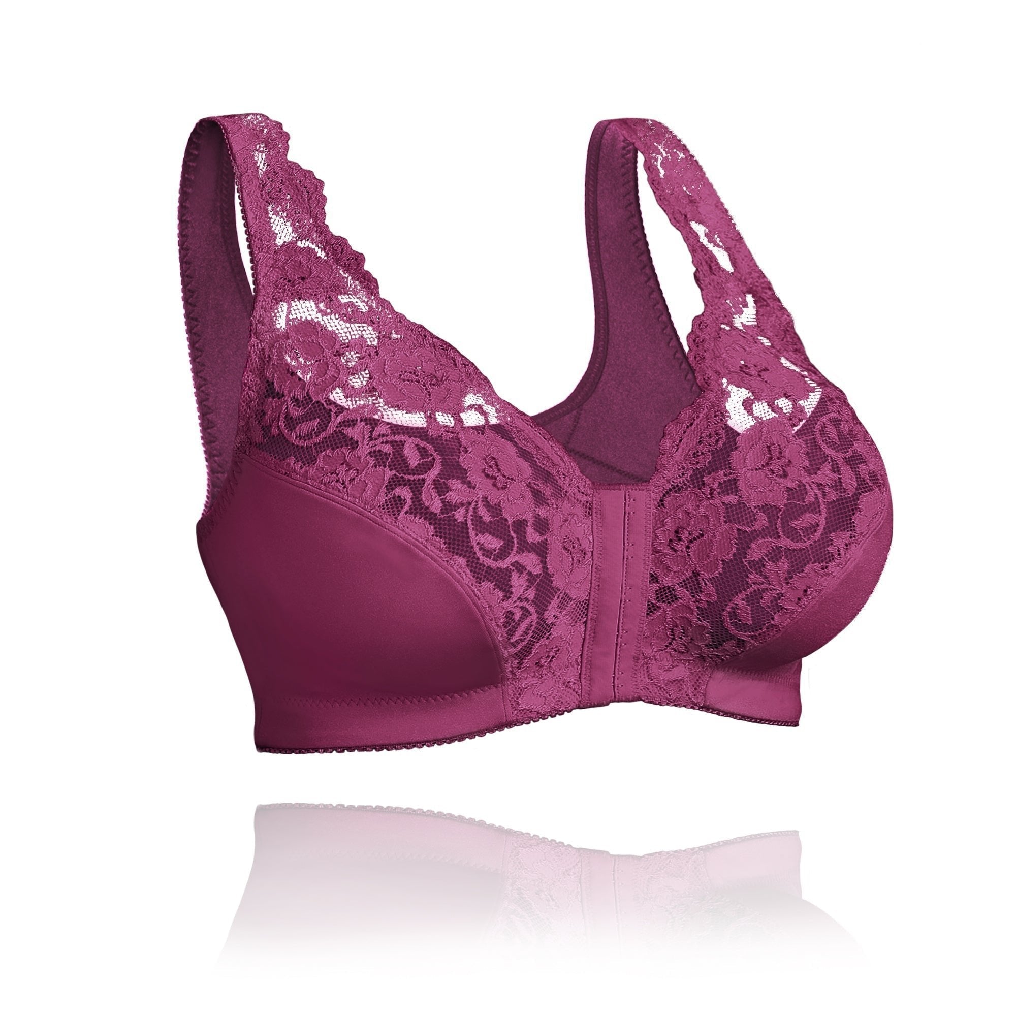 Reggiseno in pizzo bordeaux, senza ferretto, con coppe imbottite e spalline larghe. Intimo femminile elegante e confortevole.