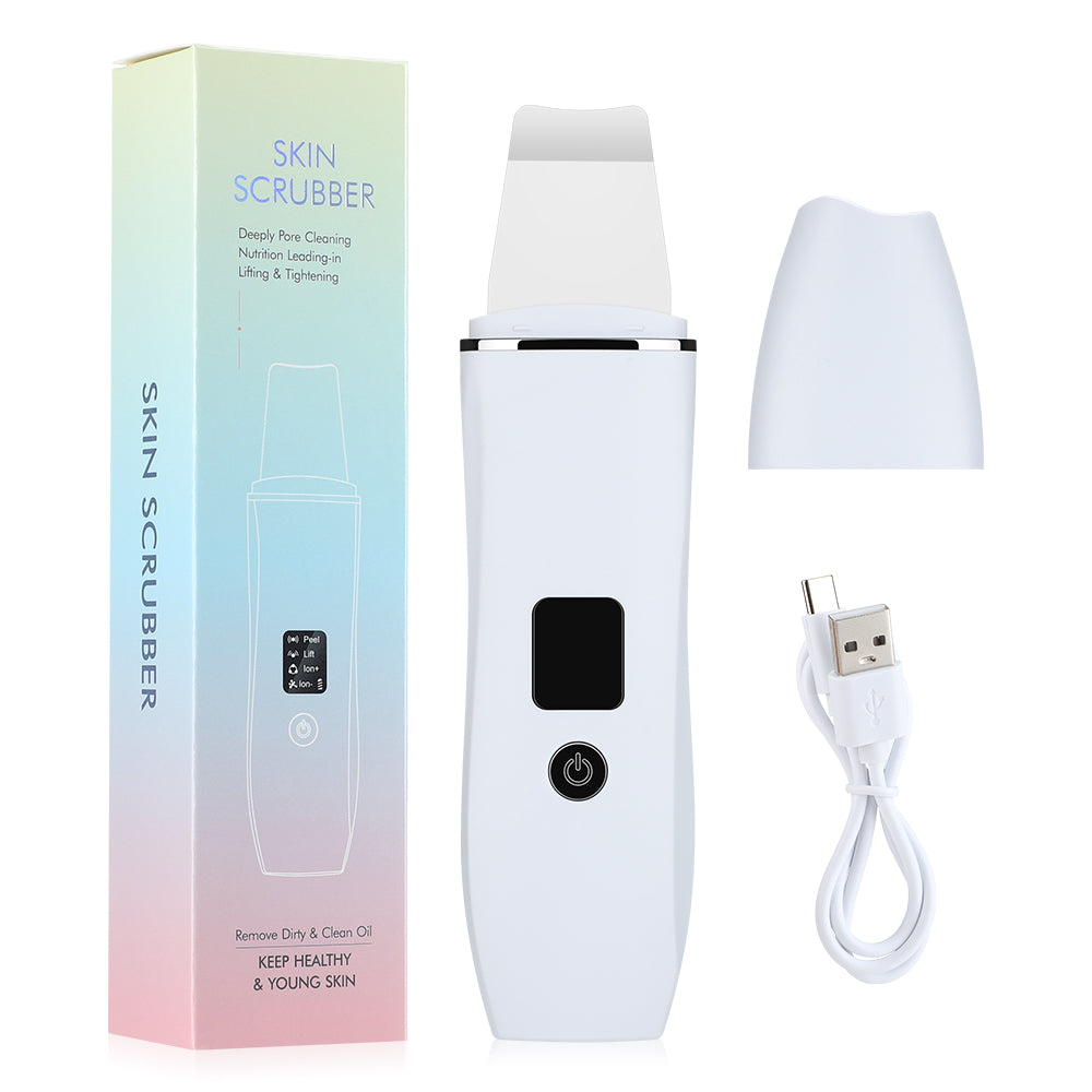 Dispositivo scrubber per la pelle bianco con scatola, cavo USB e cappuccio. Strumento per pulizia viso, esfoliazione e cura della pelle.