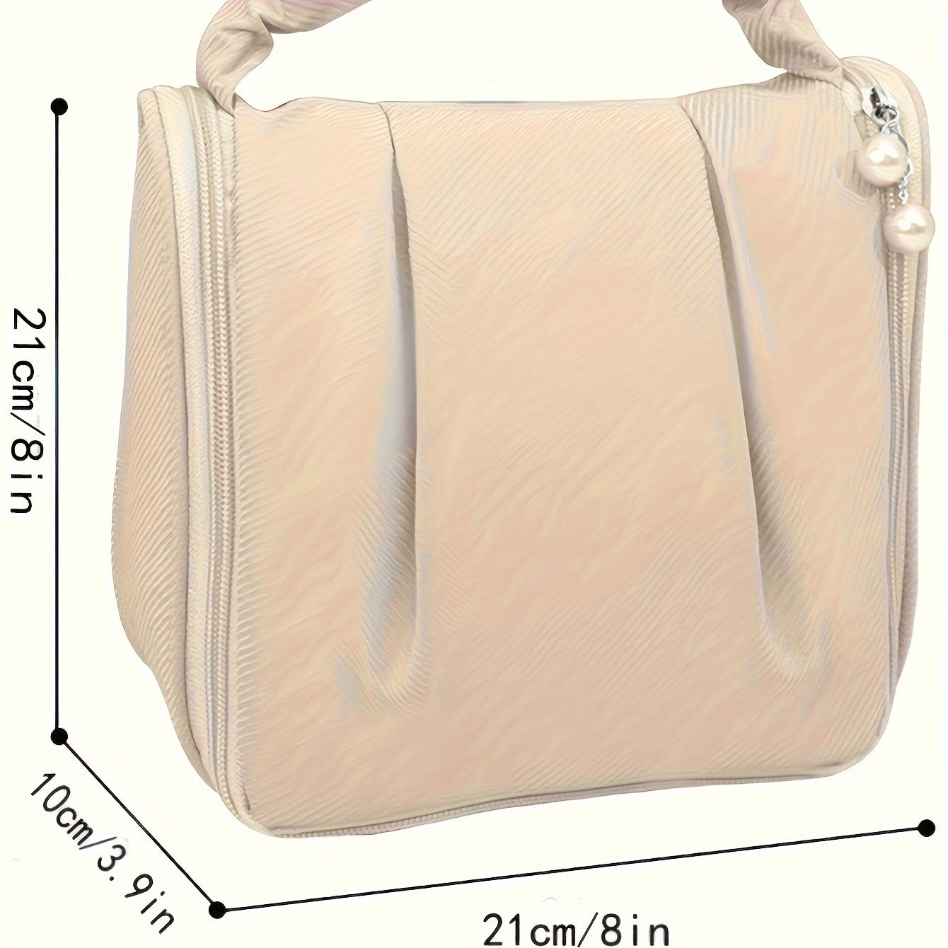 Borsa cosmetica beige con cerniera, dimensioni 21x21x10 cm, design elegante con perle decorative. Ideale per trucco e accessori da viaggio.