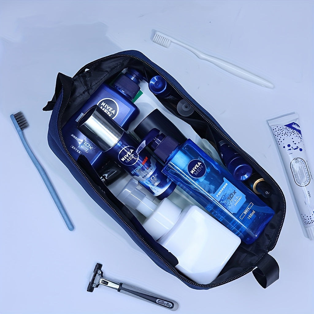Beauty case aperto con prodotti Nivea per la cura personale, spazzolini, rasoio e dentifricio su sfondo bianco. Articoli per igiene quotidiana.