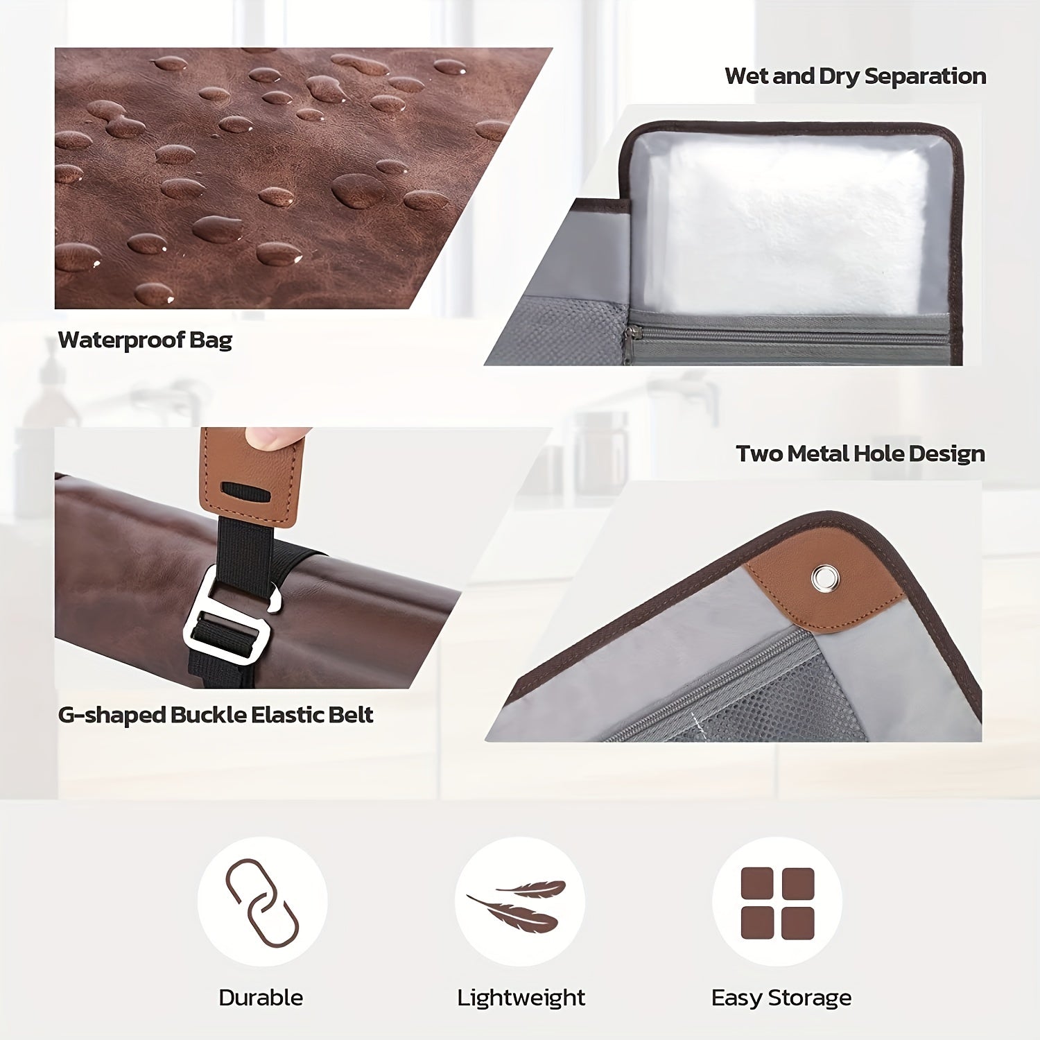 Borsa impermeabile marrone con separazione umido/asciutto, design con due fori metallici, cintura elastica a fibbia a forma di G. Durevole e leggera.