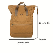 Zaino marrone chiaro CLBD, dimensioni 48x42x15 cm, con tasca frontale con zip e manici superiori. Design moderno e funzionale per viaggi e scuola.