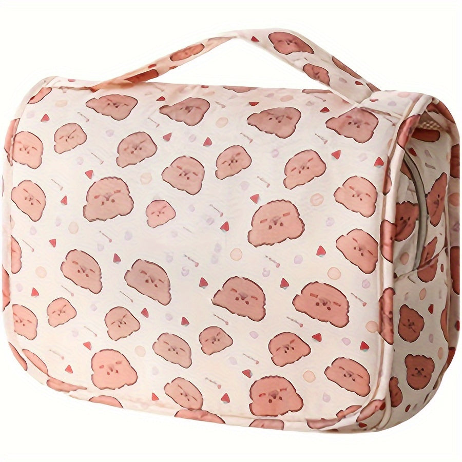 Borsa da viaggio beige con stampa di nuvolette rosa, manico superiore, chiusura a zip. Ideale per cosmetici e accessori. Design carino e funzionale.