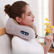 Cuscino da viaggio massaggiante grigio, supporto collo ergonomico, pulsanti di controllo, comfort e relax, ideale per viaggi in aereo o auto.