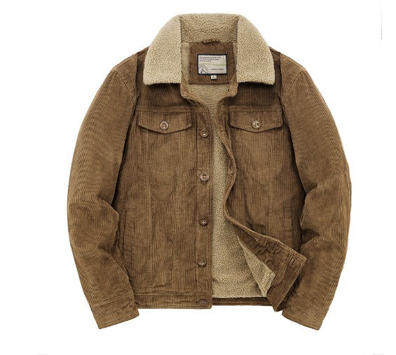 Giacca invernale uomo in velluto a coste marrone con fodera in pelliccia sintetica, colletto ampio, tasche frontali, stile casual e caldo.