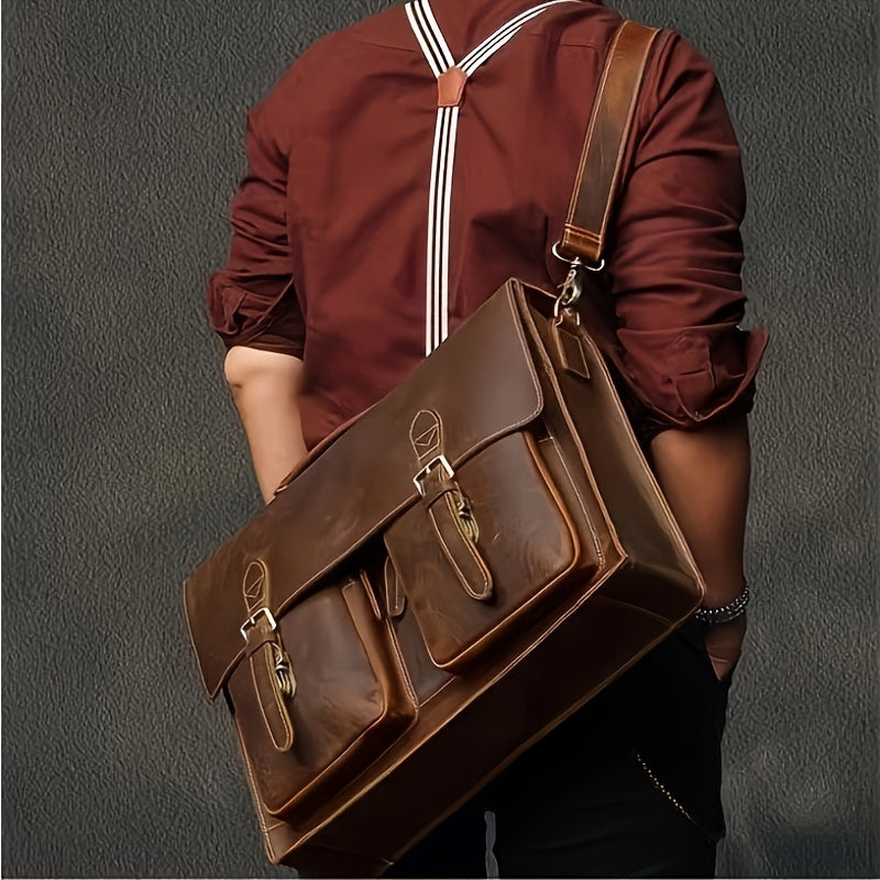 Borsa a tracolla in pelle marrone, design vintage, con doppie tasche frontali e fibbie, indossata da uomo con camicia bordeaux e bretelle.