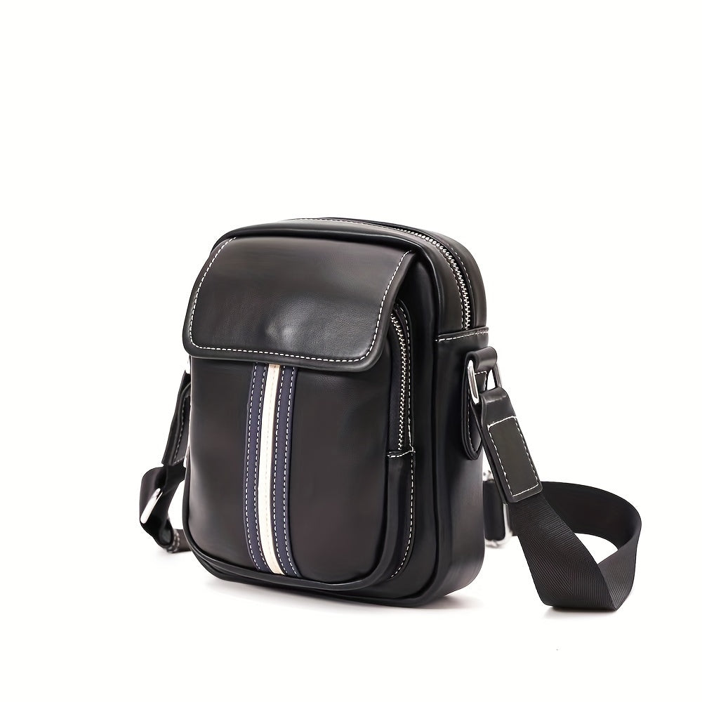 Borsa a tracolla in pelle nera con striscia decorativa bianca e blu, tasca frontale, cerniera e tracolla regolabile. Accessorio moda uomo elegante.