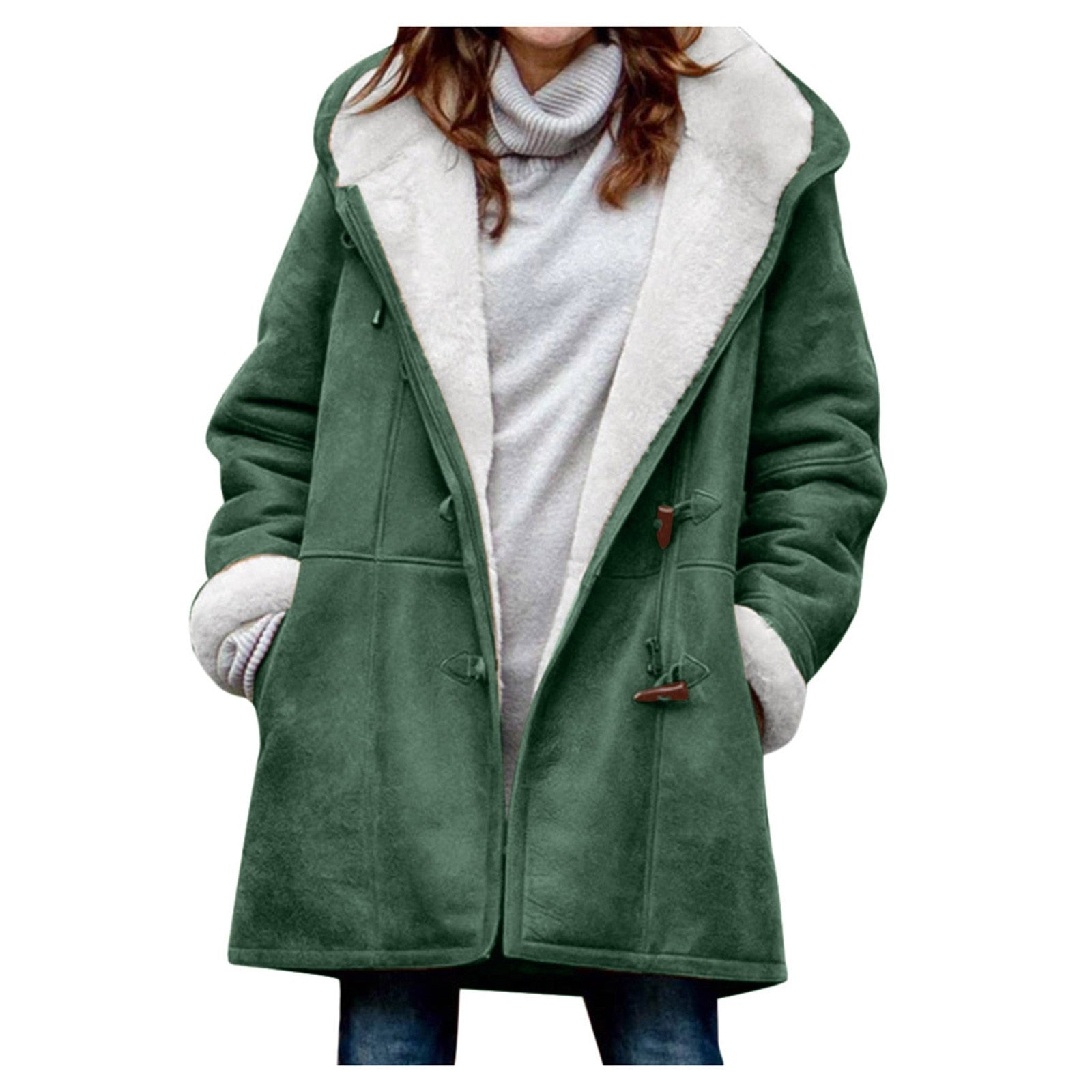 Cappotto donna invernale verde con cappuccio, interno in pelliccia sintetica bianca, chiusura a bottoni, ideale per moda autunno-inverno.