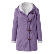 Cappotto donna viola con cappuccio, chiusura a alamari, interno foderato in pelliccia sintetica. Elegante e caldo, ideale per l'inverno.