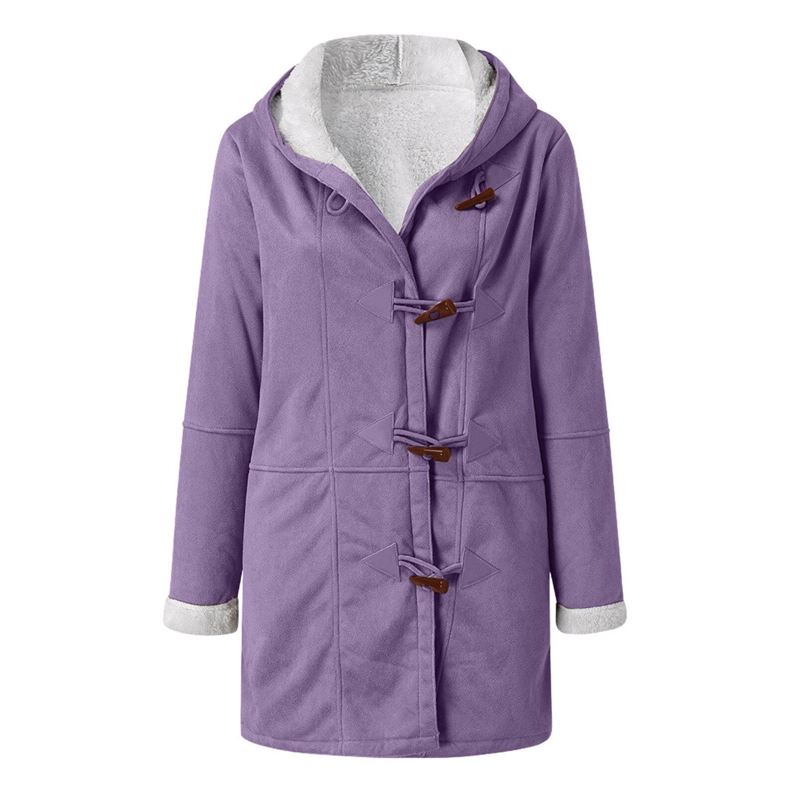 Cappotto donna viola con cappuccio, chiusura a alamari, interno foderato in pelliccia sintetica. Elegante e caldo, ideale per l'inverno.