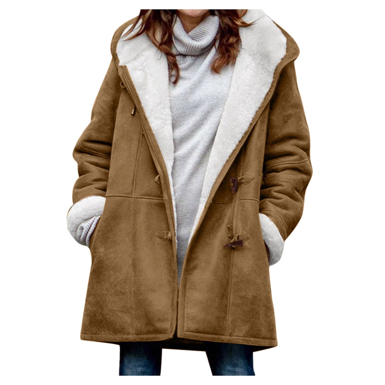 Cappotto donna invernale marrone con cappuccio, interno in pelliccia sintetica bianca, chiusura a bottoni, stile casual, ideale per freddo.