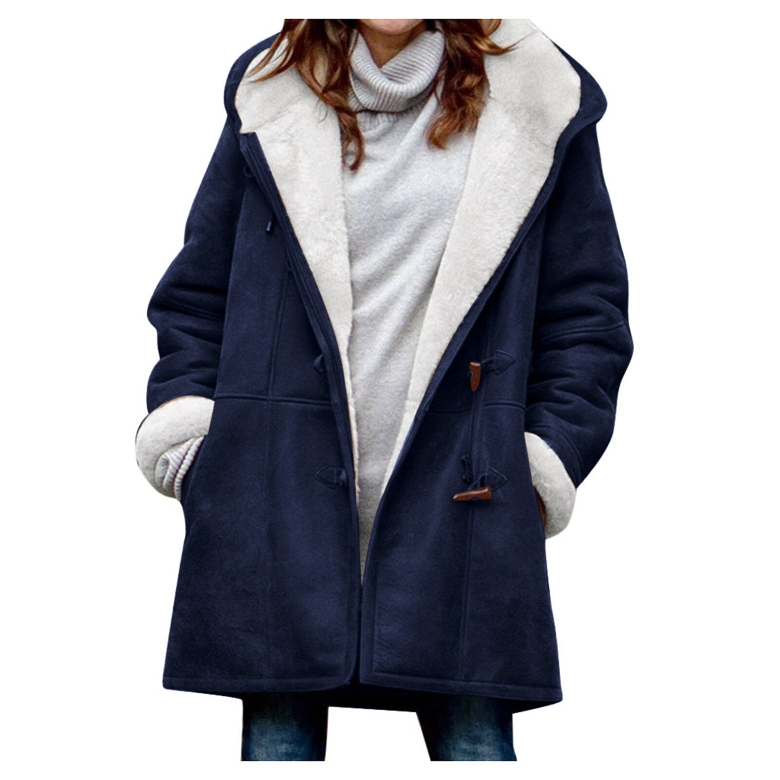 Cappotto donna invernale blu con fodera in pelliccia sintetica bianca, chiusura a bottoni in legno, design casual elegante, ideale per il freddo.
