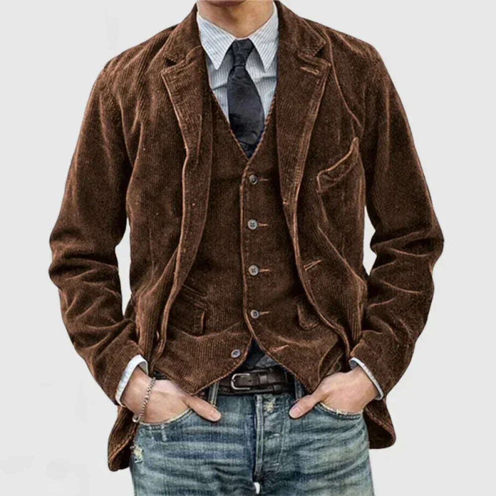 Giacca uomo in velluto marrone, stile casual elegante, con gilet abbinato e cravatta. Ideale per look autunnali. Moda maschile, abbigliamento trendy.