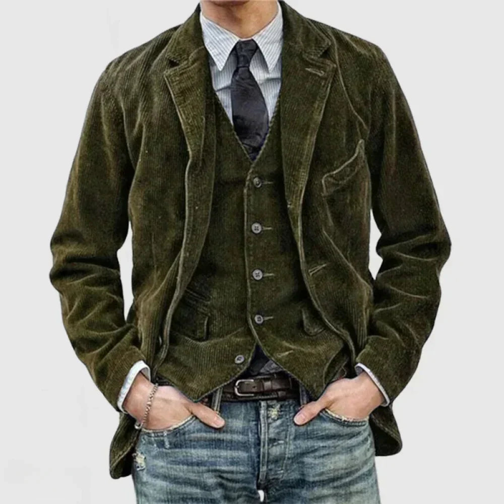 Giacca uomo in velluto a coste verde, abbinata a gilet e cravatta nera, camicia a righe e jeans. Look elegante e casual per moda maschile.