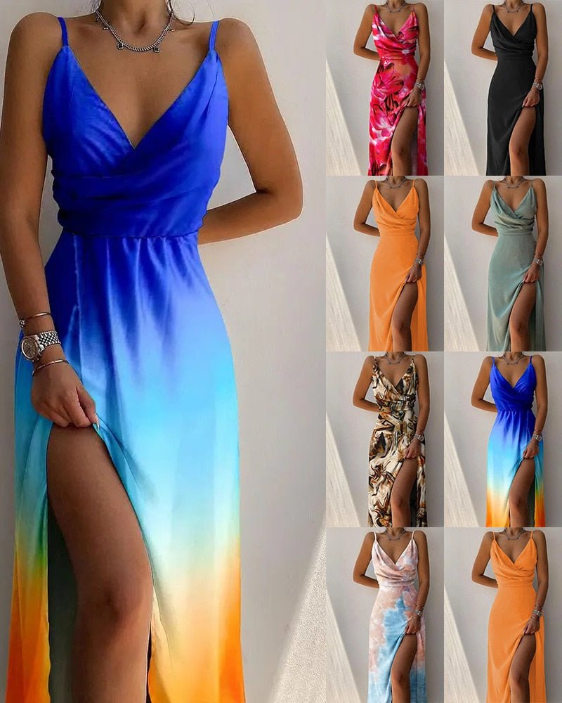 Abito lungo estivo da donna con spacco, disponibile in vari colori e fantasie. Vestito elegante, scollo a V, perfetto per cerimonie e serate.