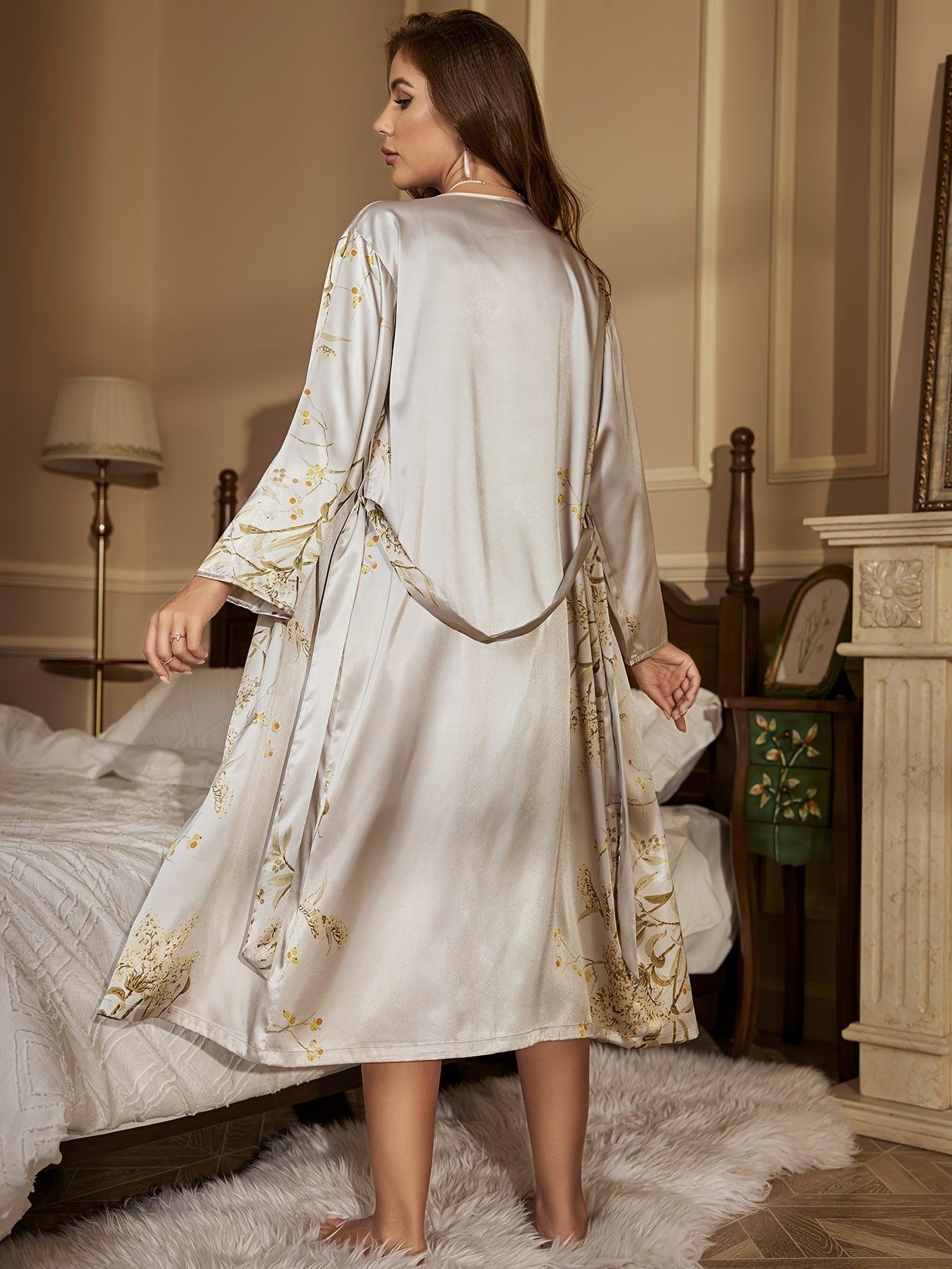Donna in camera da letto indossa vestaglia di seta grigia con motivi floreali dorati, elegante e lussuosa, perfetta per comfort e stile notturno.