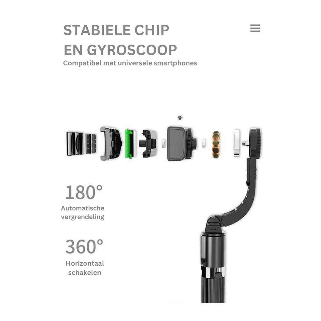 Esploso di un gimbal per smartphone con chip stabile e giroscopio, rotazione automatica 180° e 360°, compatibile con dispositivi universali.
