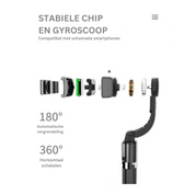 Esploso di un gimbal per smartphone con chip stabile e giroscopio, rotazione automatica 180° e 360°, compatibile con dispositivi universali.