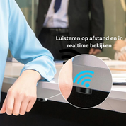 Dispositivo di ascolto remoto sotto tavolo in ufficio, con icona Wi-Fi blu. Tecnologia di sorveglianza, monitoraggio audio in tempo reale.