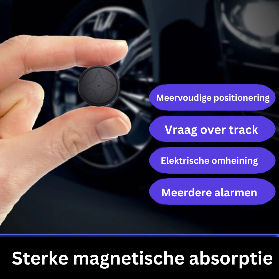 Dispositivo di localizzazione GPS portatile nero, tenuto in mano, con funzioni di posizionamento multiplo e allarmi, sfondo ruota auto.