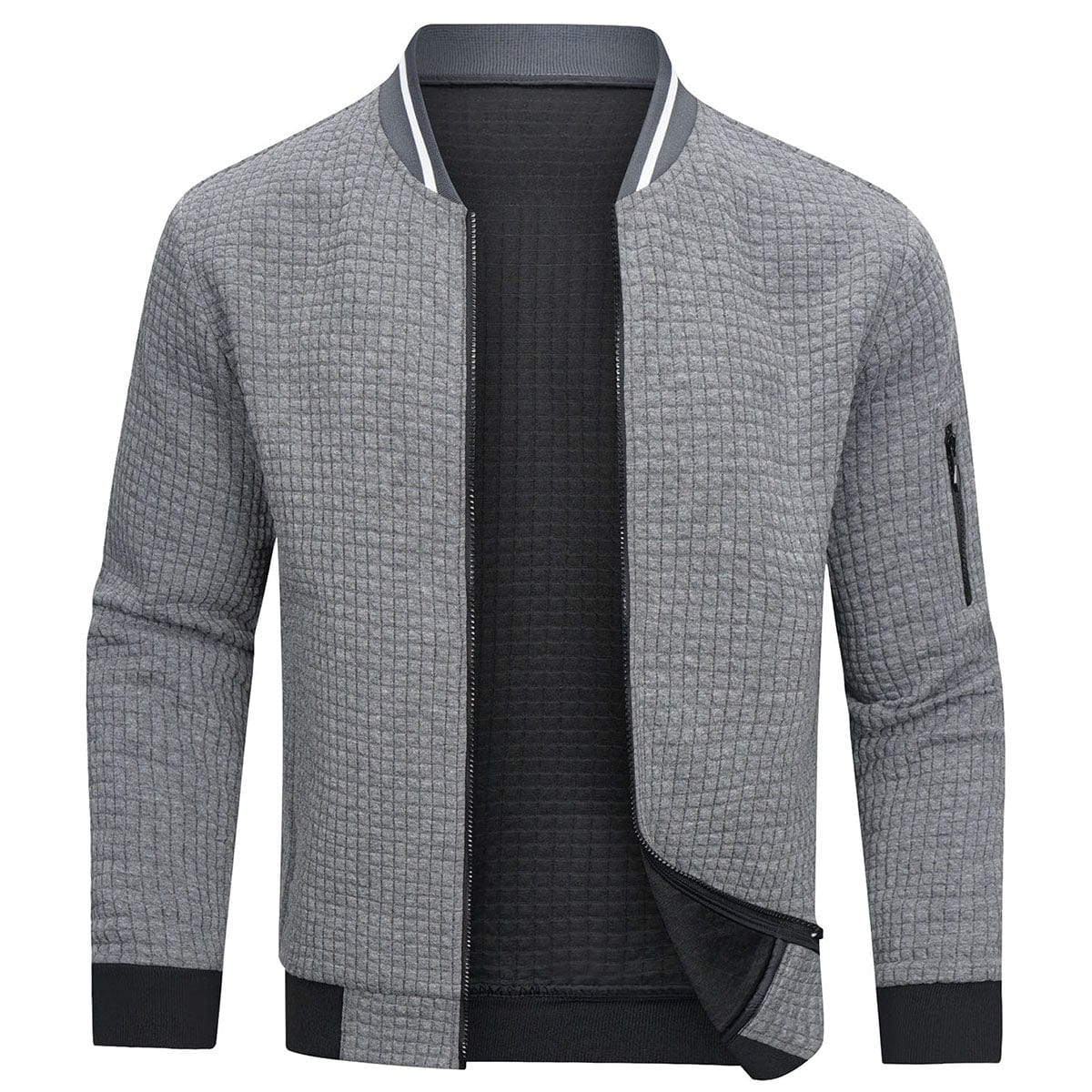 Giacca bomber uomo grigia, tessuto trapuntato, zip frontale, polsini e orlo a costine, tasca con zip sulla manica, stile casual elegante.