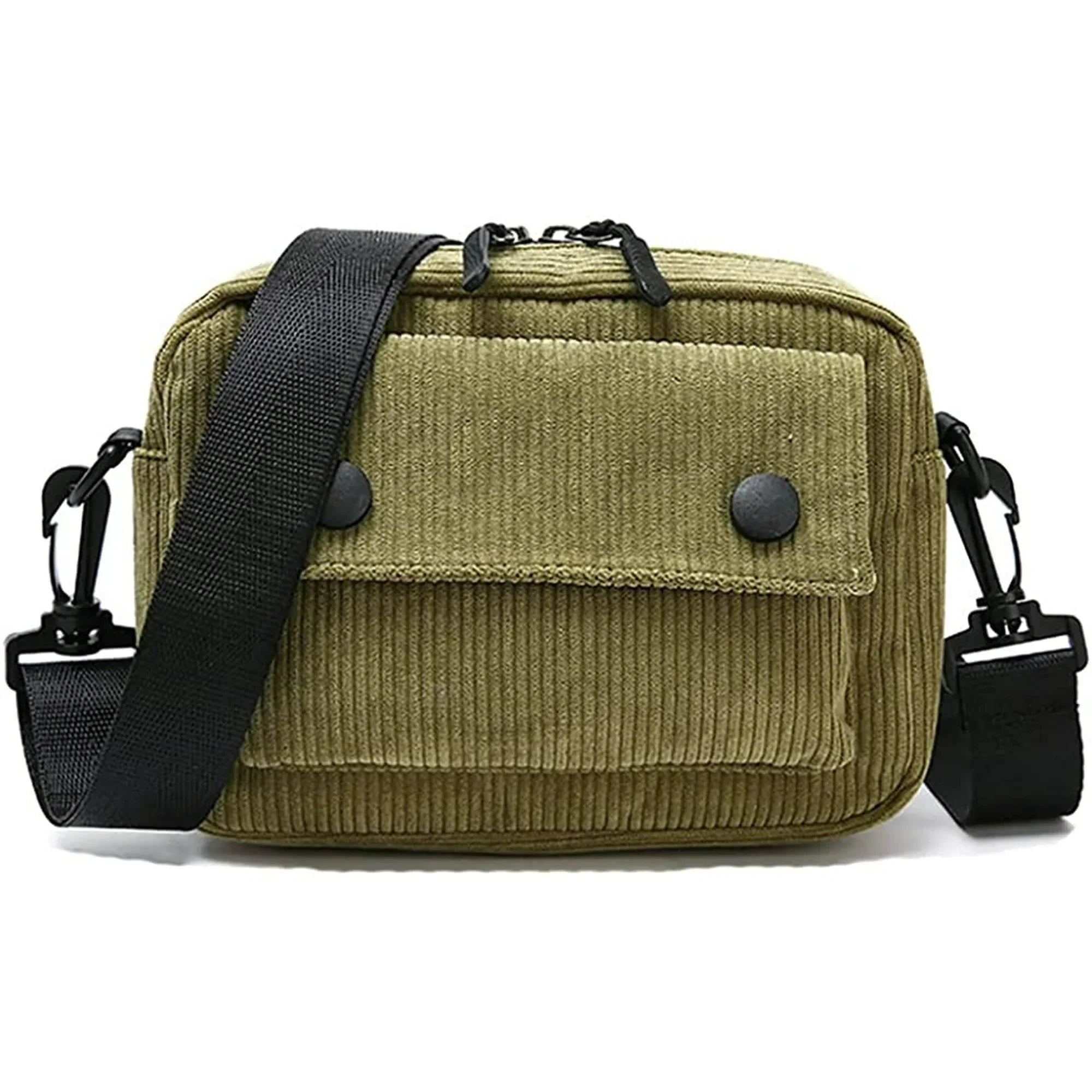 Borsa a tracolla in velluto a coste verde oliva con tasca frontale e chiusura a bottoni, tracolla regolabile nera, stile casual e unisex.