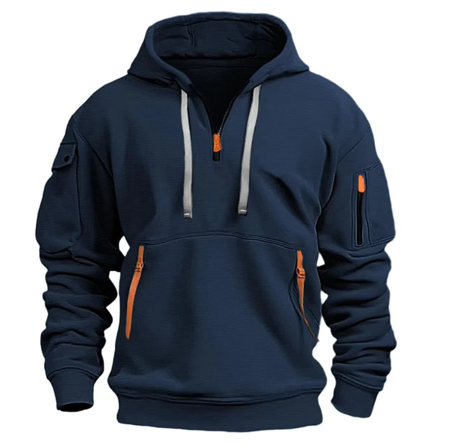 Felpa con cappuccio blu scuro, zip arancioni, tasche multiple, design casual, moda uomo, abbigliamento sportivo, tessuto confortevole.