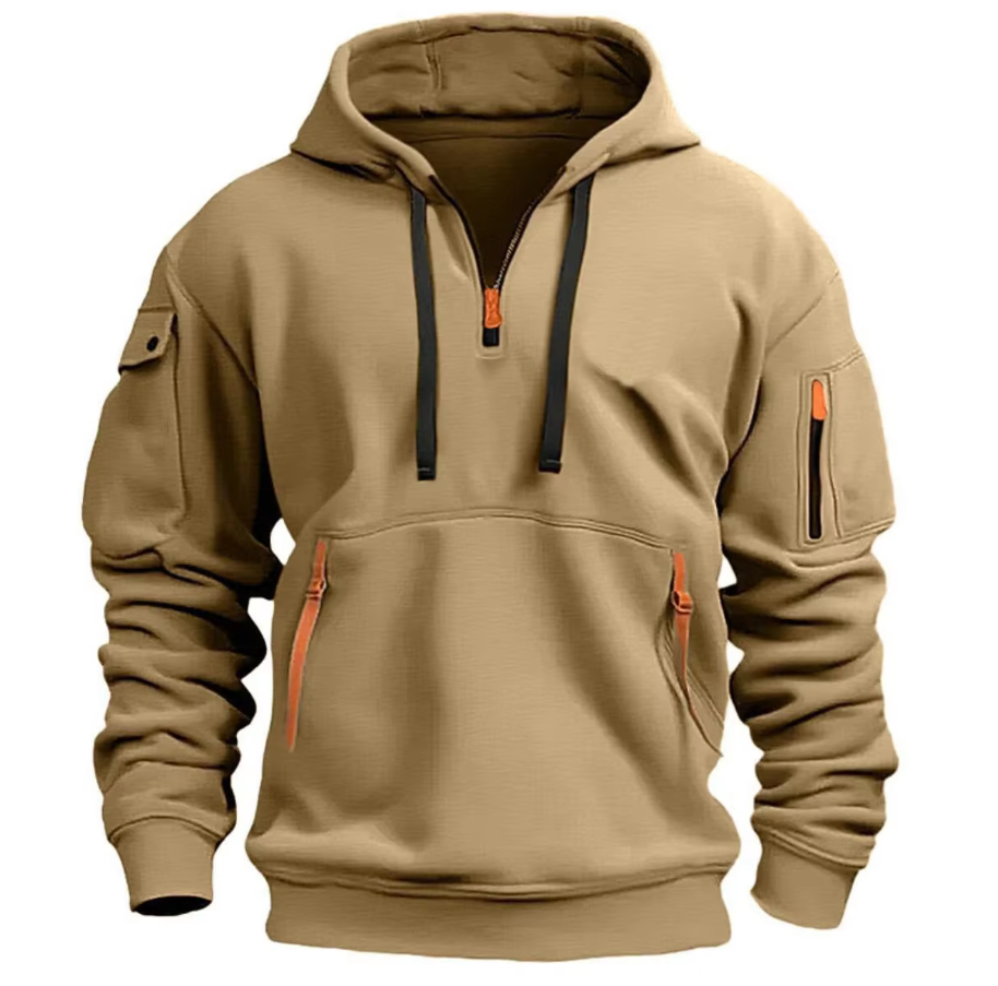 Felpa con cappuccio beige da uomo, zip arancioni, tasche multiple, maniche lunghe, stile casual, ideale per autunno e inverno.