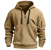 Felpa con cappuccio beige da uomo, zip arancioni, tasche multiple, maniche lunghe, stile casual, ideale per autunno e inverno.