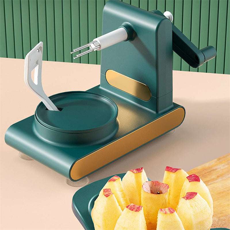 Affettatrice e sbucciatrice automatica per mele, design moderno verde e oro, utensile da cucina multifunzione, ideale per frutta e verdura.