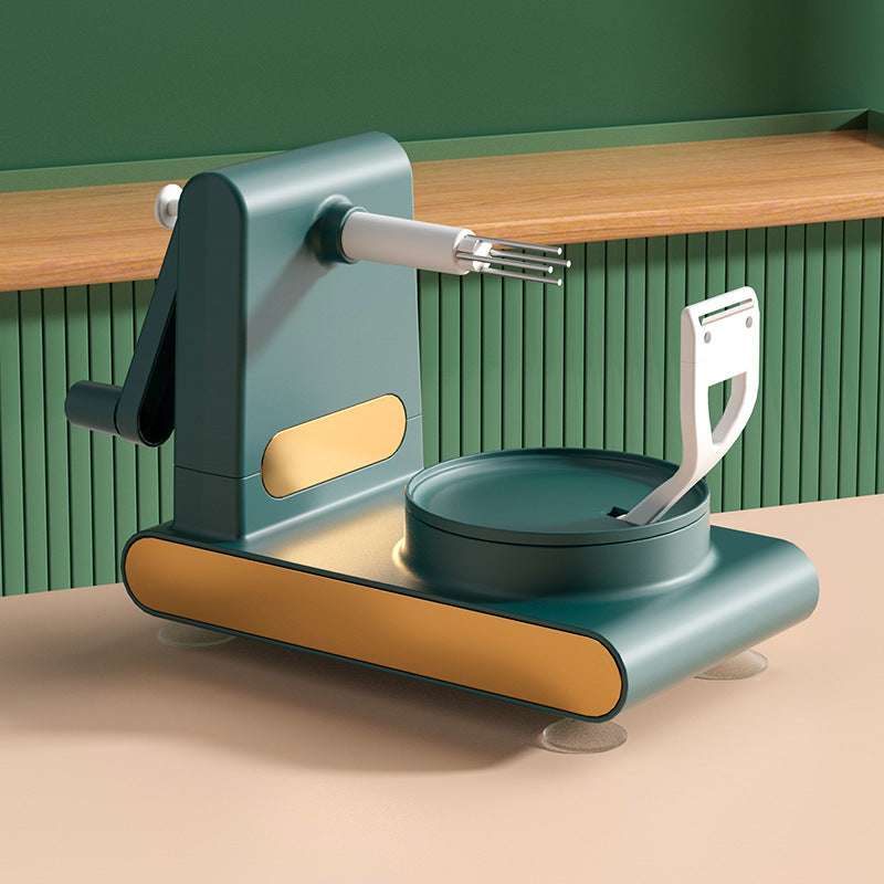Macchina affetta verdure verde e oro su tavolo di legno, design moderno, cucina, utensile da cucina multifunzione, accessorio per taglio preciso.