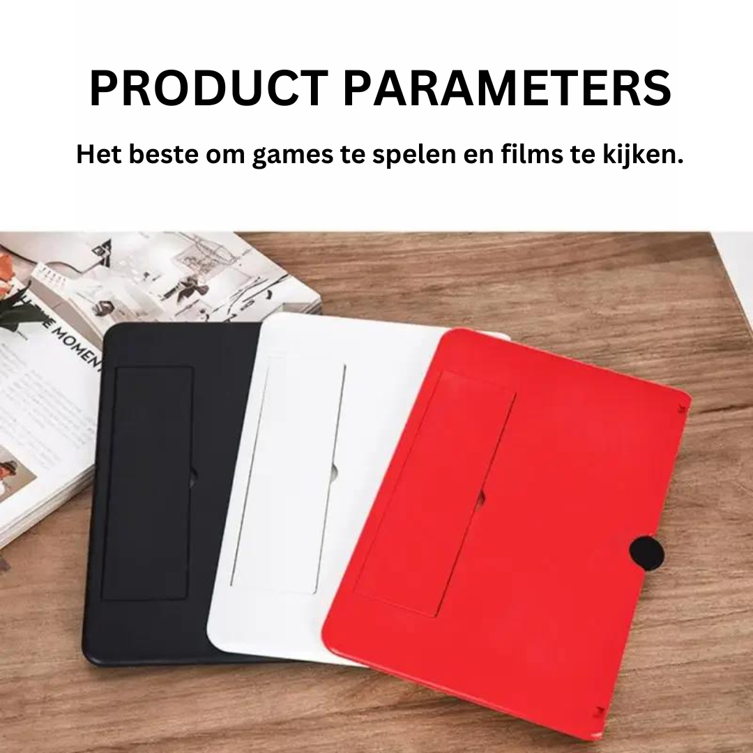 Tre custodie per tablet in plastica, colori nero, bianco e rosso, su tavolo di legno. Ideali per protezione dispositivi elettronici.