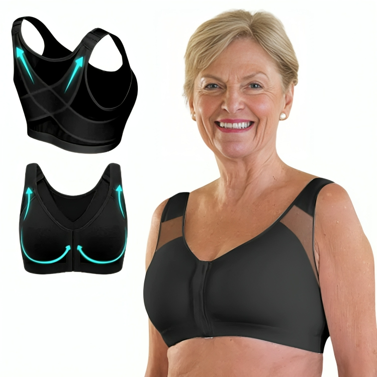 Donna sorridente indossa reggiseno nero senza ferretto, design comfort. Due reggiseni sportivi neri con frecce di supporto. Intimo femminile comodo.
