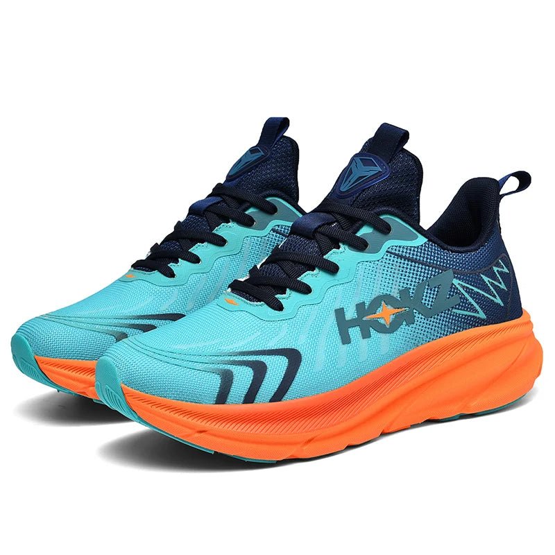 Scarpe da corsa uomo, blu e arancioni, suola ammortizzata, design moderno, traspiranti, ideali per jogging e sport all'aperto.