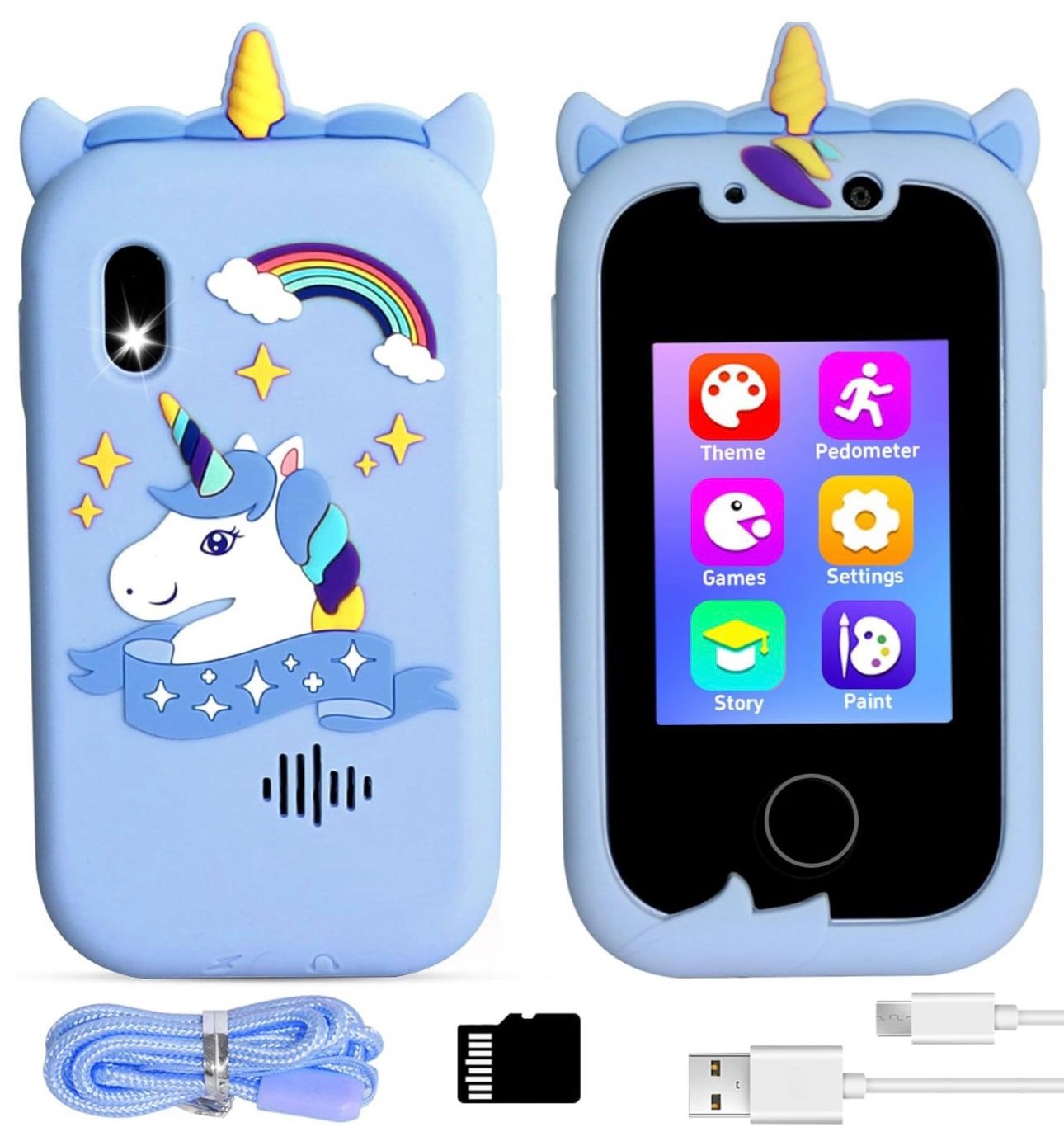 Custodia per telefono a forma di unicorno blu con arcobaleno, include cinturino, cavo USB e scheda di memoria. Design per bambini, resistente e colorato.