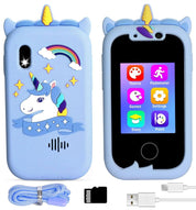 Custodia per telefono a forma di unicorno blu con arcobaleno, include cinturino, cavo USB e scheda di memoria. Design per bambini, resistente e colorato.