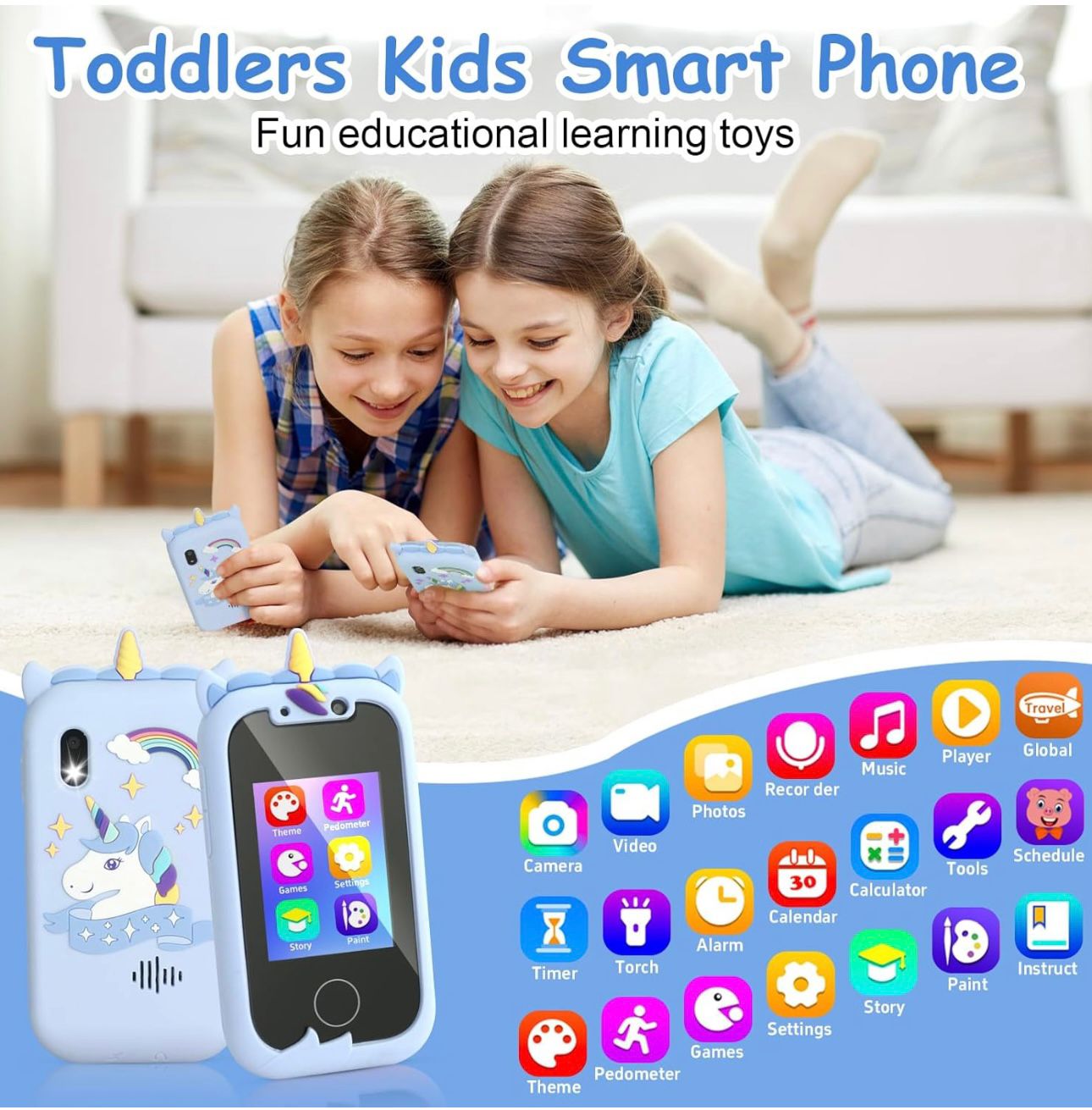 Bambini giocano con smartphone giocattolo educativo, custodia unicorno. Giochi, fotocamera, musica, calcolatrice. Giocattolo interattivo per bambini.