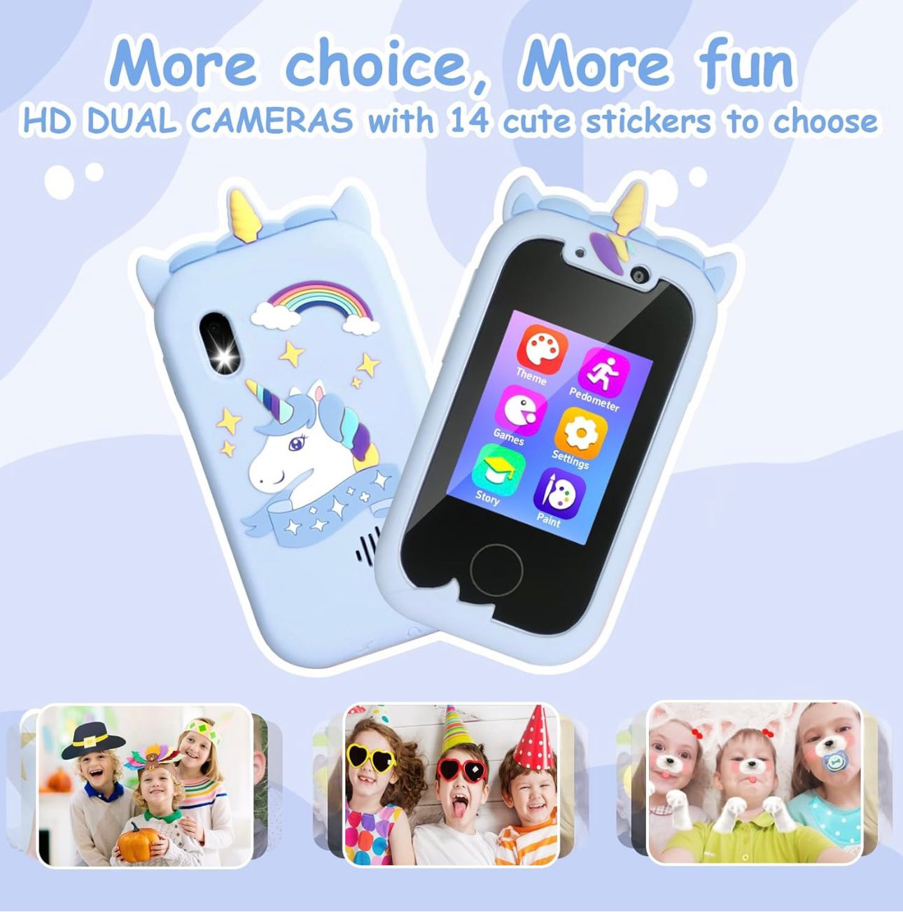 Fotocamera giocattolo per bambini a forma di unicorno, doppia lente HD, adesivi colorati, design divertente, ideale per regali e attività creative.