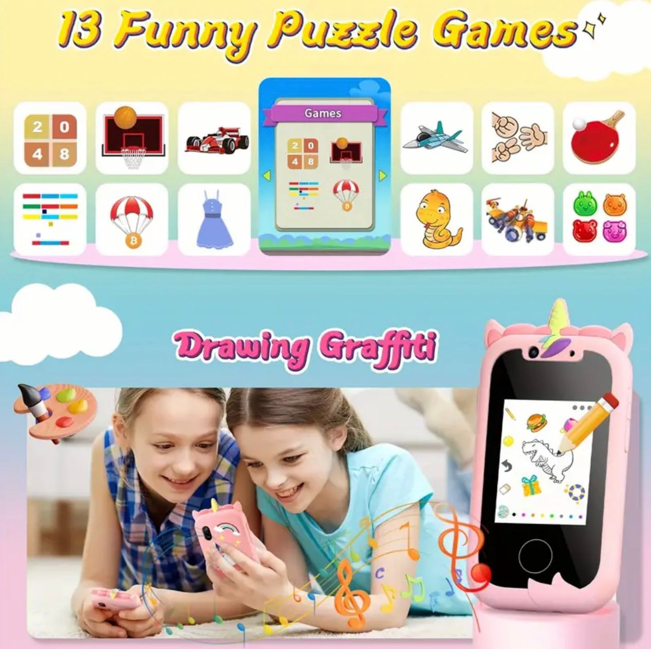 Due bambini giocano con un'app di disegno su smartphone rosa a forma di unicorno. Sfondo con icone di giochi puzzle divertenti.