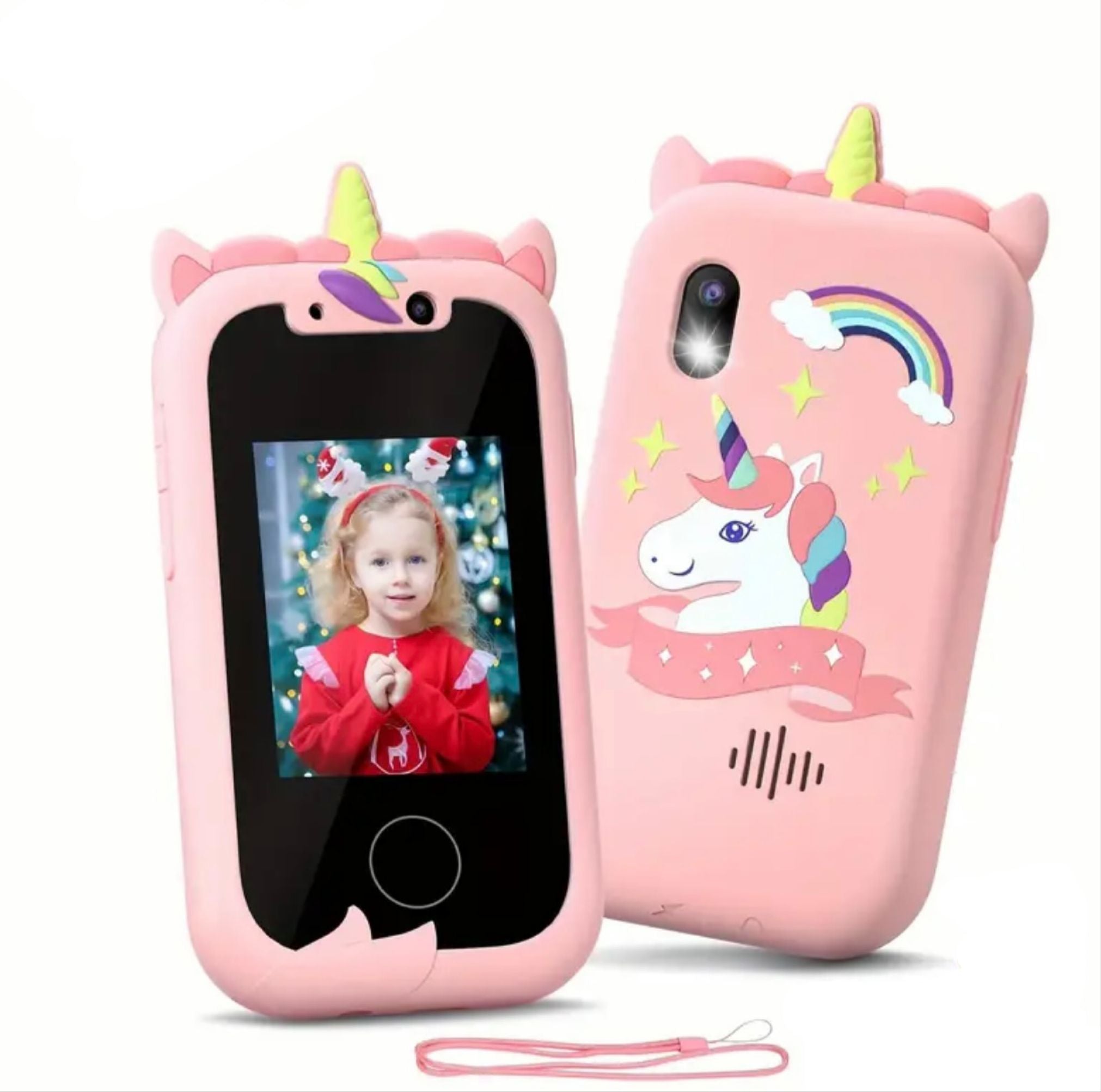 Custodia per telefono rosa a forma di unicorno con decorazioni arcobaleno e stella, adatta per bambini. Include laccetto e fotocamera integrata.
