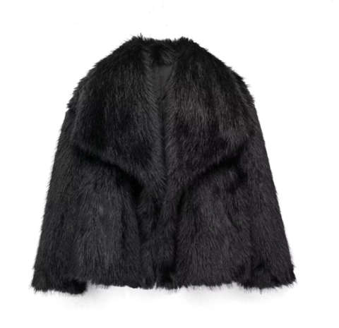 Giacca in eco-pelliccia nera, elegante e calda, ideale per l'inverno. Design moderno, tessuto sintetico di alta qualità. Perfetta per look sofisticati.