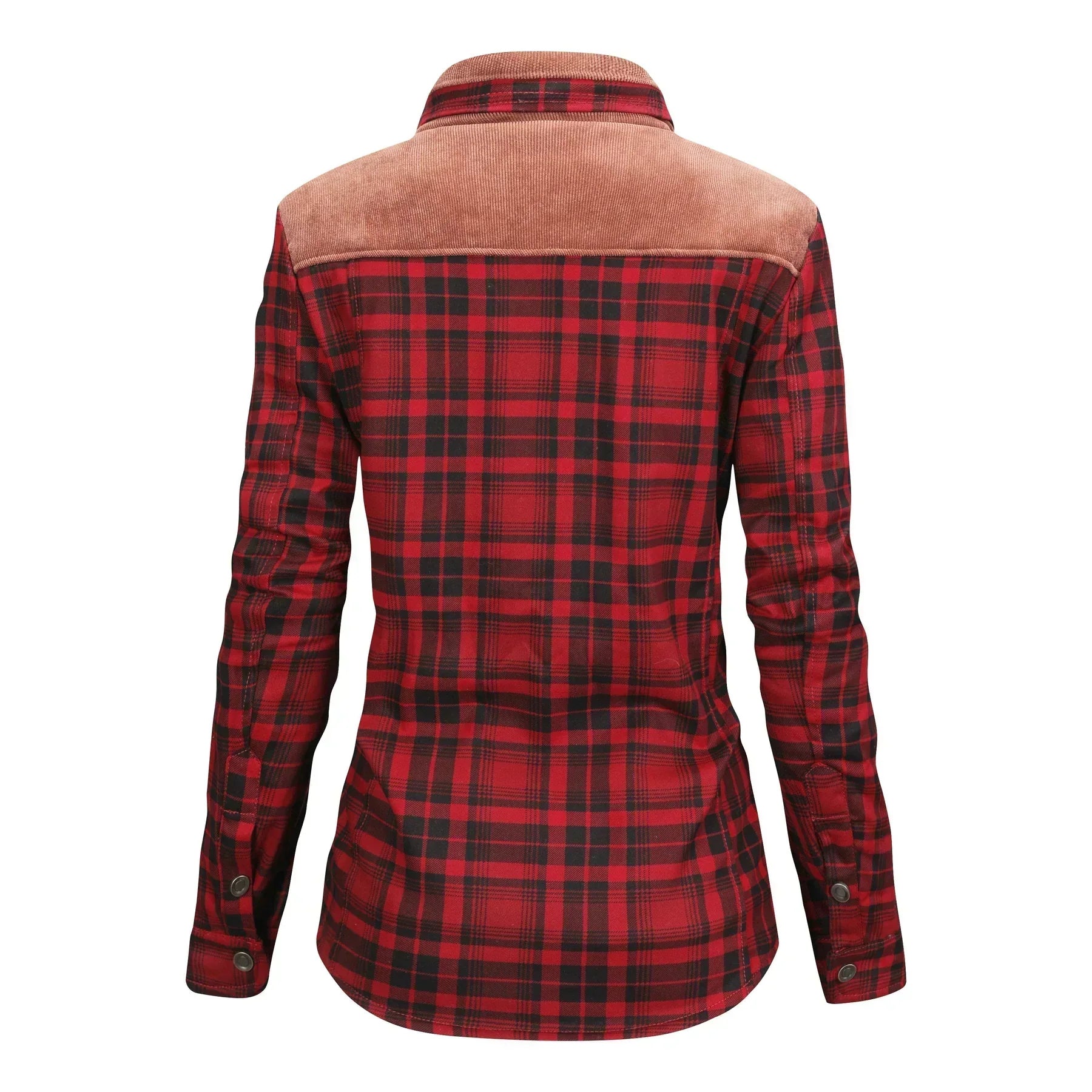 Camicia donna a quadri rossi e neri, maniche lunghe, colletto classico, dettaglio in velluto marrone sulle spalle, stile casual autunnale.