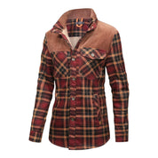 Giacca a quadri in flanella rossa e marrone, stile casual, con bottoni e tasche frontali. Ideale per moda autunnale e invernale.