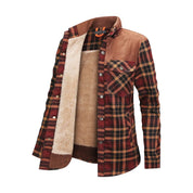 Camicia a quadri in flanella da uomo, foderata in pile, con tasca sul petto, colori autunnali, ideale per abbigliamento casual e outdoor.