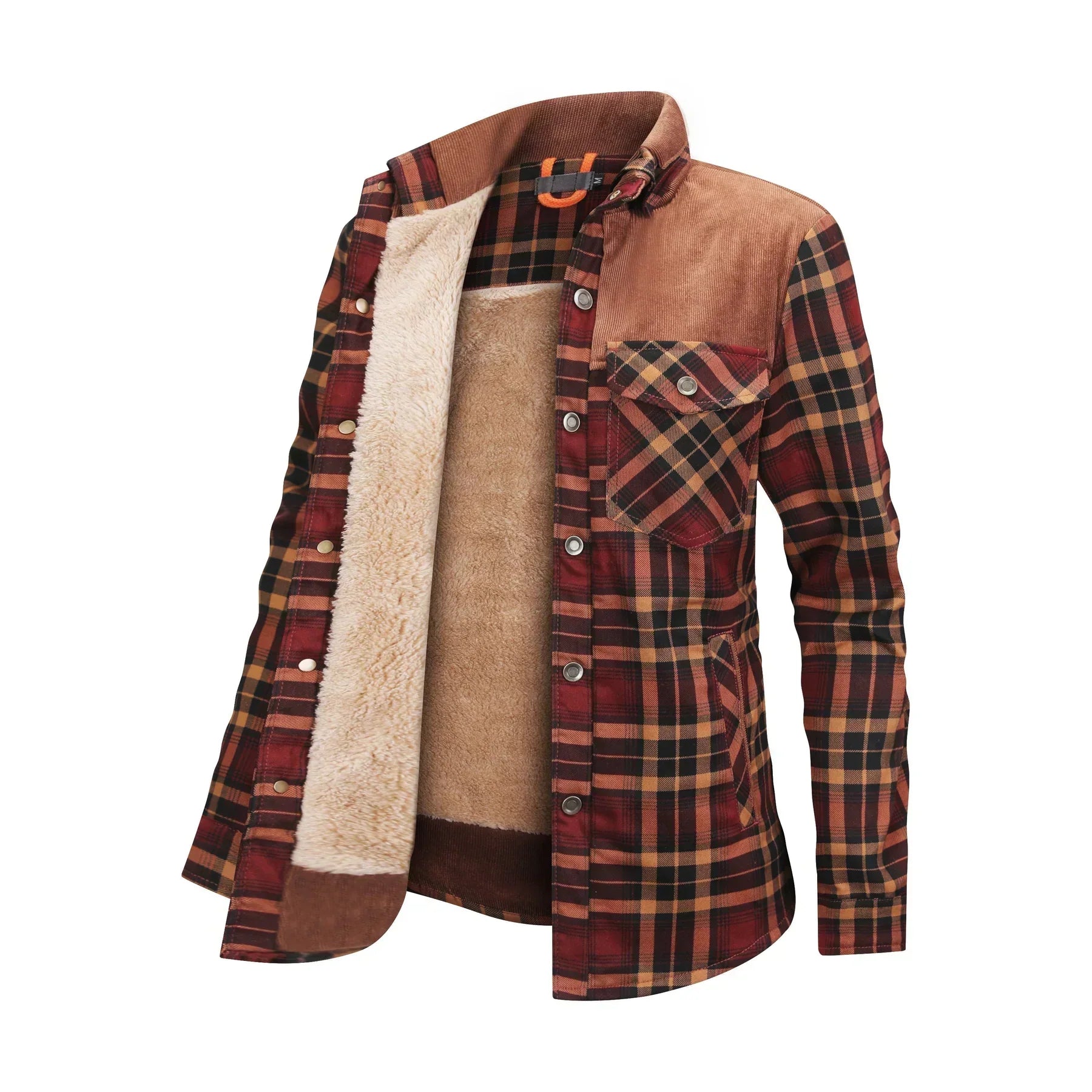 Camicia a quadri in flanella da uomo, foderata in pile, con tasca sul petto, colori autunnali, ideale per abbigliamento casual e outdoor.