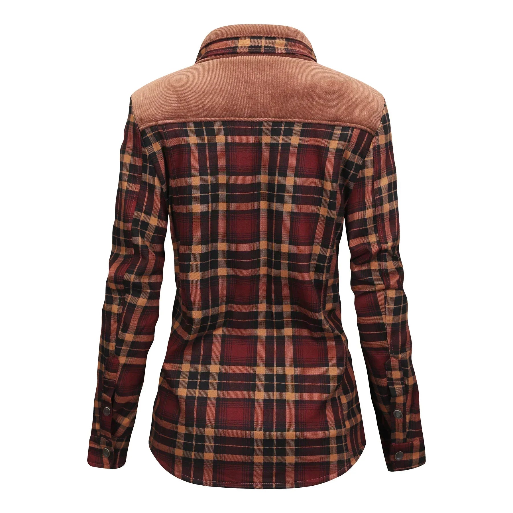 Camicia a quadri donna, maniche lunghe, motivo scozzese rosso e marrone, colletto classico, dettagli in velluto, moda autunno inverno.
