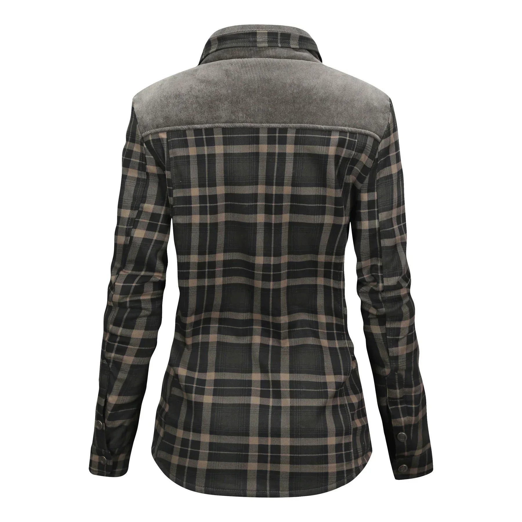 Camicia a quadri da donna, maniche lunghe, motivo scozzese grigio e nero, colletto classico, tessuto morbido, ideale per moda casual autunnale.