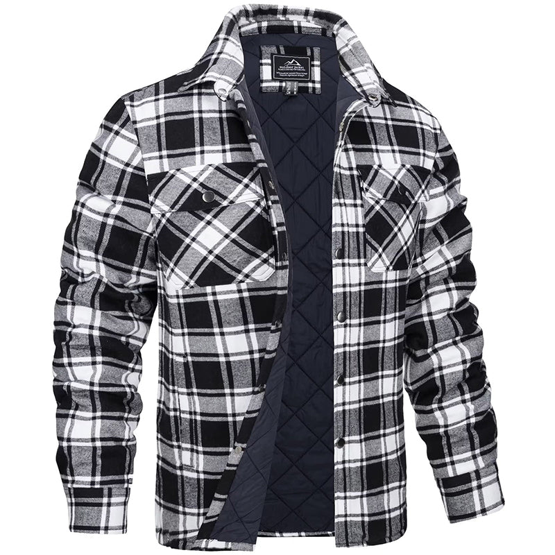 Camicia a quadri bianco e nero da uomo, foderata, con tasche frontali, ideale per l'inverno. Stile casual, tessuto caldo e confortevole.